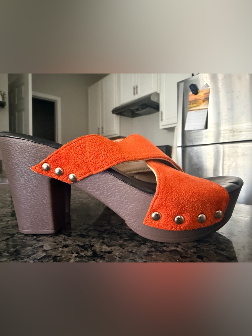 Orange Suede Platform Clog Mules with Stud Details